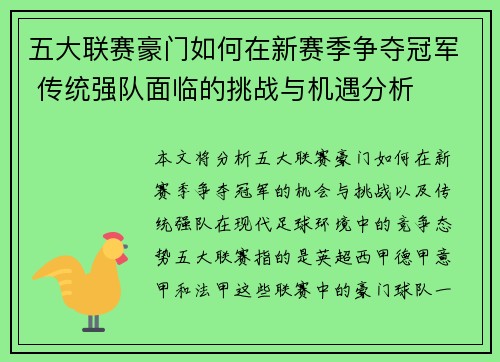 五大联赛豪门如何在新赛季争夺冠军 传统强队面临的挑战与机遇分析