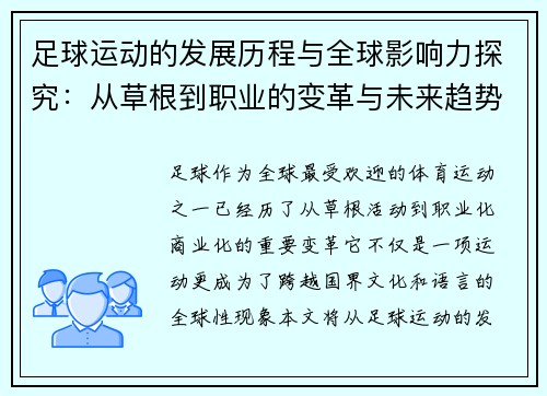 足球运动的发展历程与全球影响力探究：从草根到职业的变革与未来趋势