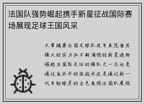 法国队强势崛起携手新星征战国际赛场展现足球王国风采