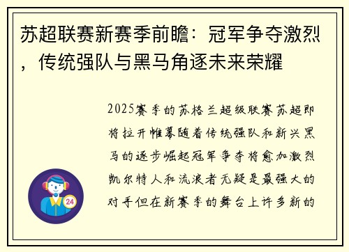 苏超联赛新赛季前瞻：冠军争夺激烈，传统强队与黑马角逐未来荣耀