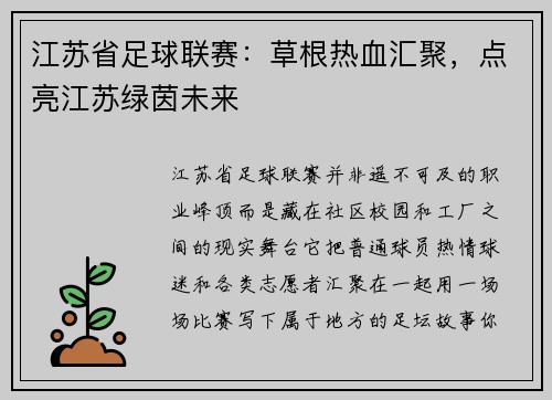 江苏省足球联赛：草根热血汇聚，点亮江苏绿茵未来