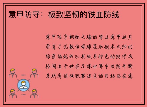 意甲防守：极致坚韧的铁血防线