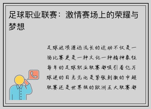 足球职业联赛：激情赛场上的荣耀与梦想