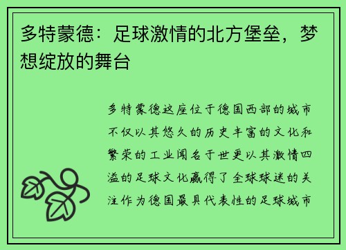 多特蒙德：足球激情的北方堡垒，梦想绽放的舞台