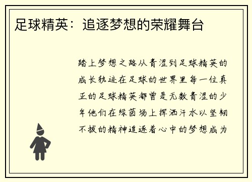 足球精英：追逐梦想的荣耀舞台