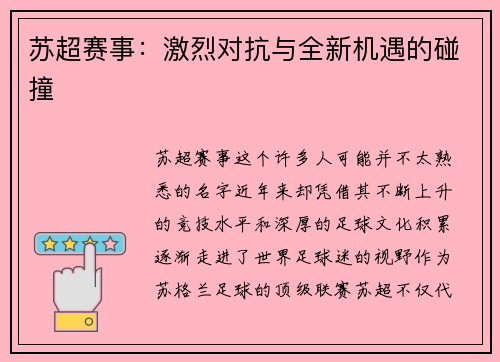 苏超赛事：激烈对抗与全新机遇的碰撞